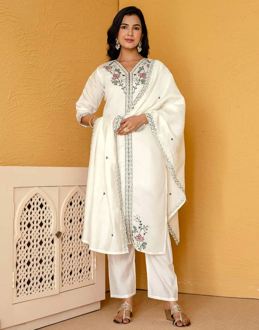 Silk Blend Embroidered Straight Kurta with Pant & Dupatta