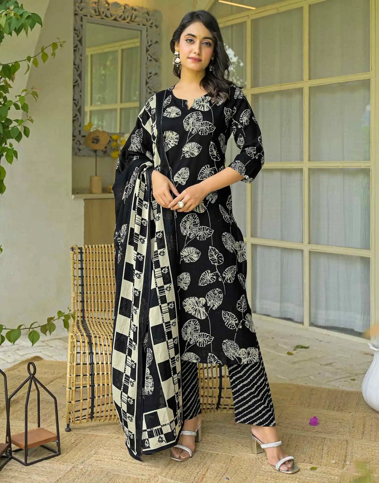 Cotton Straight Printed V-Neck Kurta with Pant & Dupatta