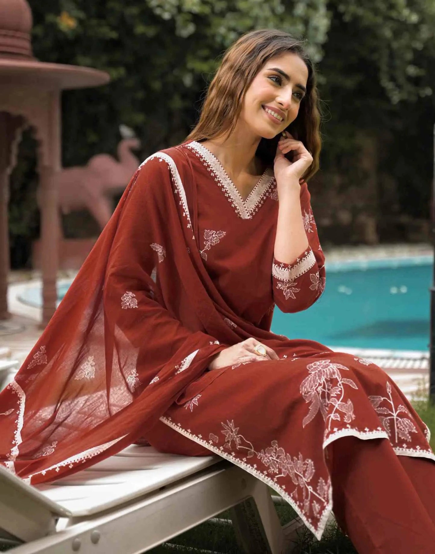 Cotton Printed Straight V-Neck Kurta with Pant & Dupatta