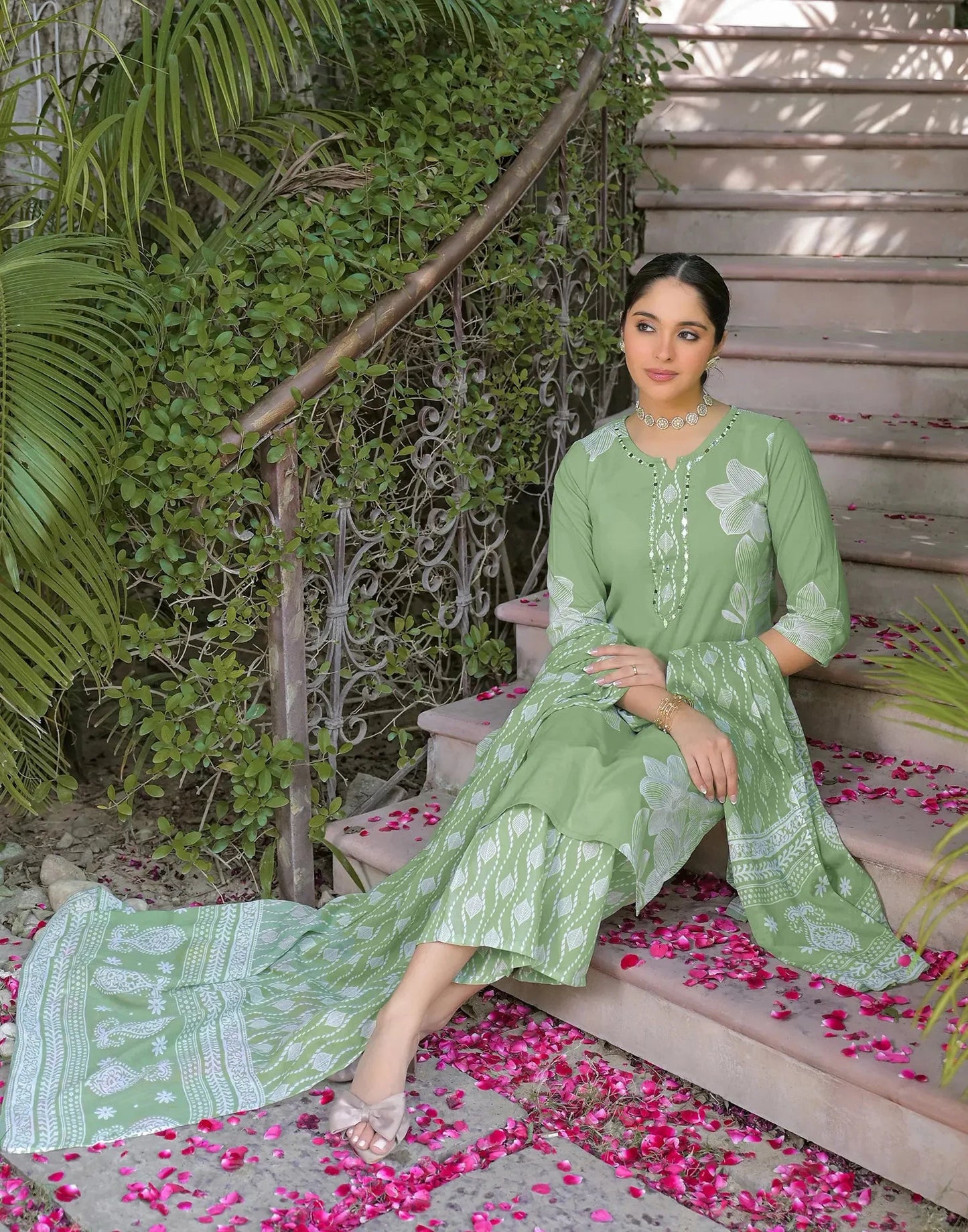 Cotton Printed V-Neck Straight Kurta with Pant & Dupatta