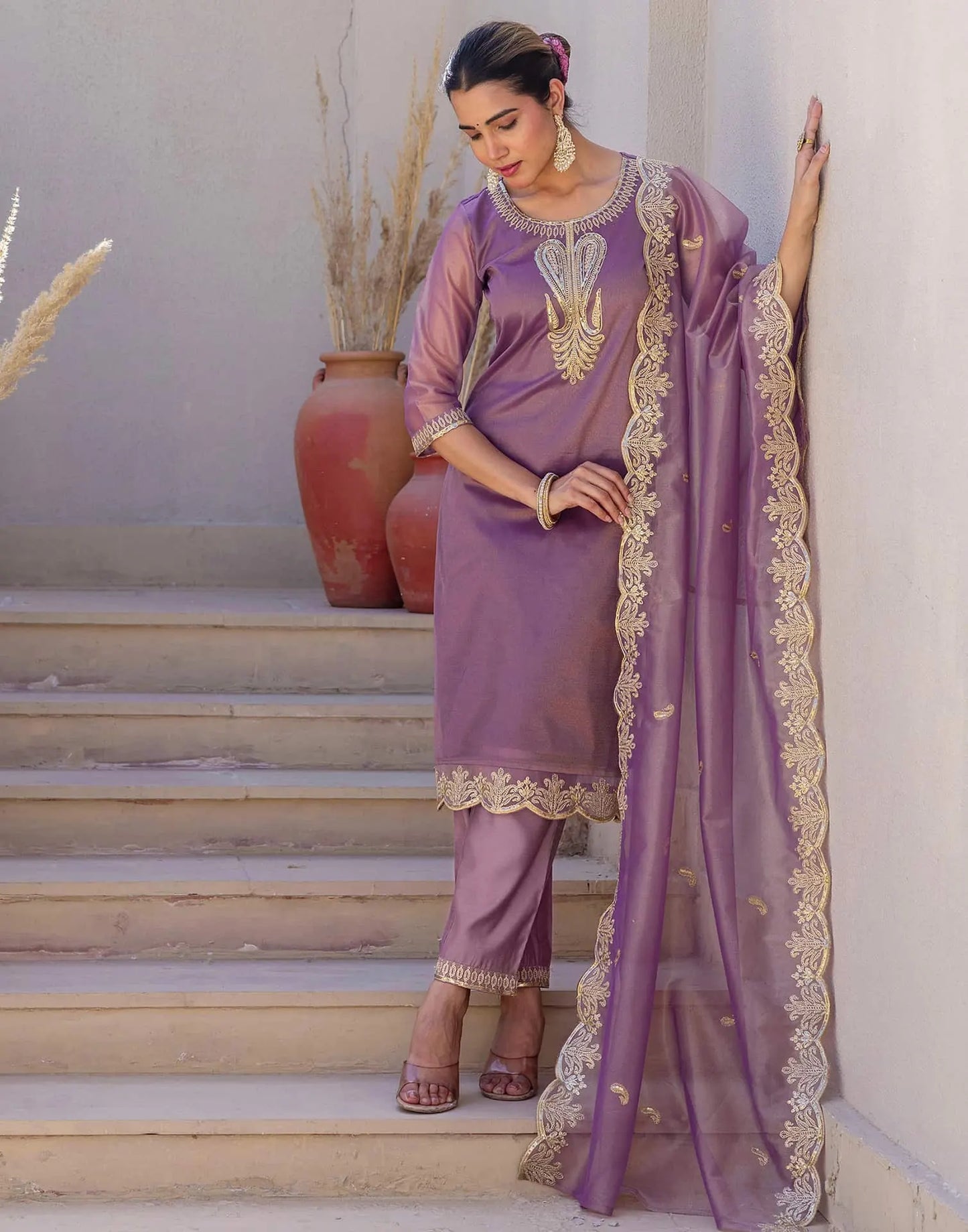 Affordable Ethnic Wear Purple Net Sequins Embroidered Kurta Set with Lace, Pant & Dupatta