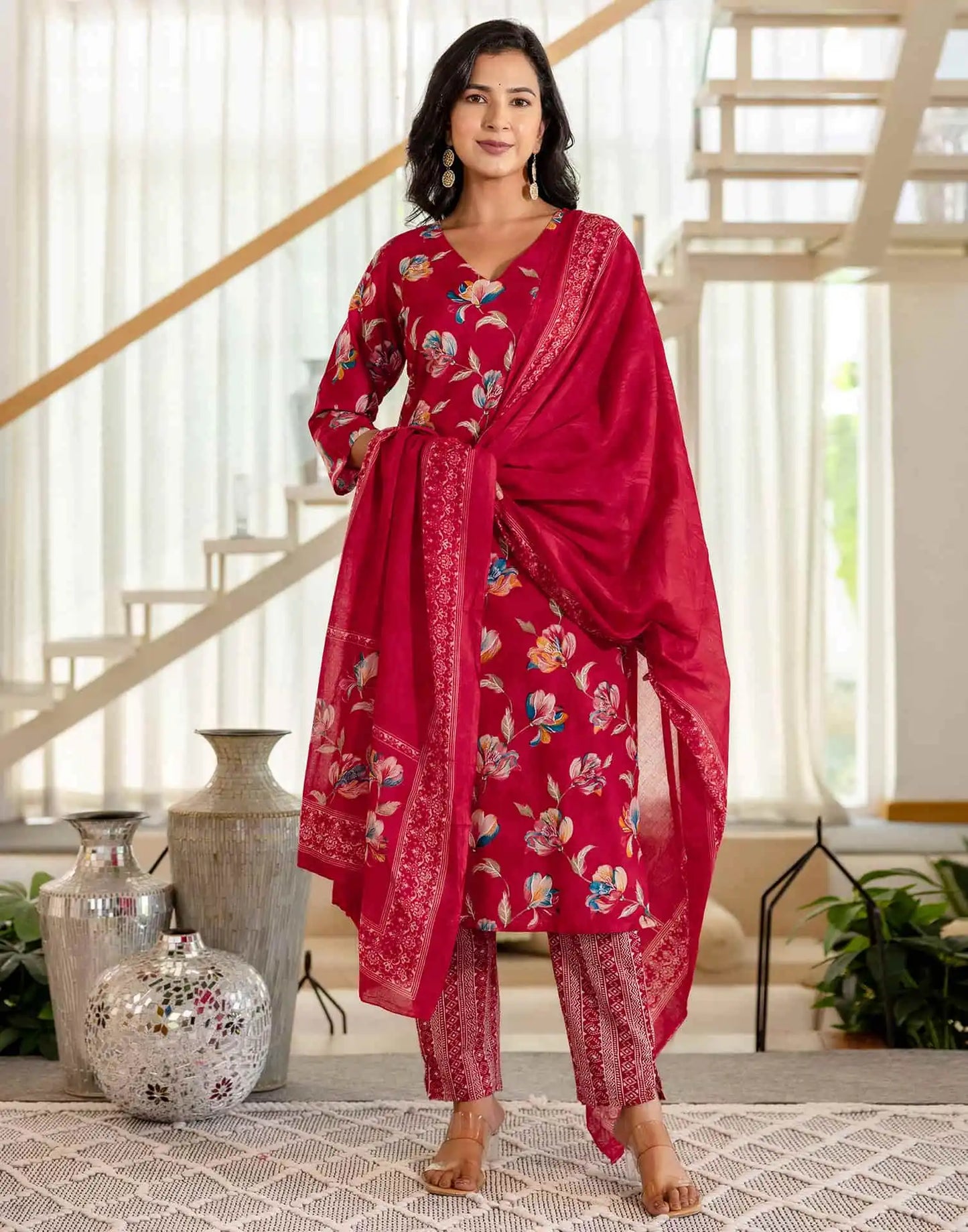 Red Cotton Printed Straight Kurta Set with Pant & Dupatta for Wome Casual & Daily Wear Floral Design Under 799