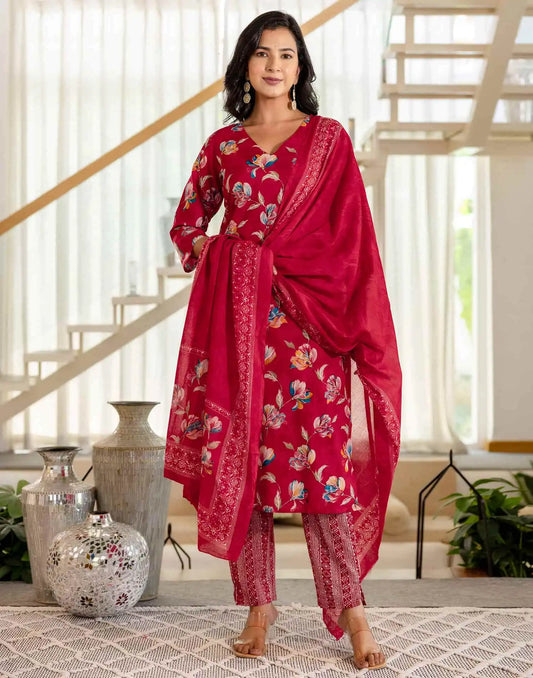 Red Cotton Printed Straight Kurta Set with Pant & Dupatta for Wome Casual & Daily Wear Floral Design Under 799