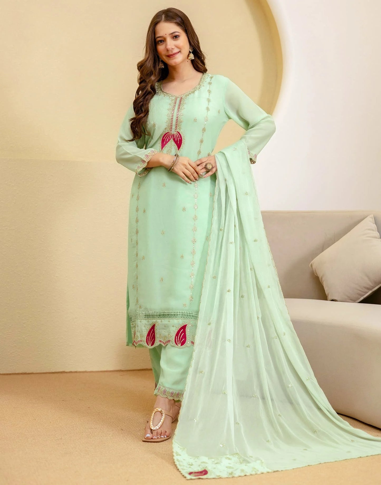 Green Georgette Embroidered Kurta Set with Pant & Dupatta