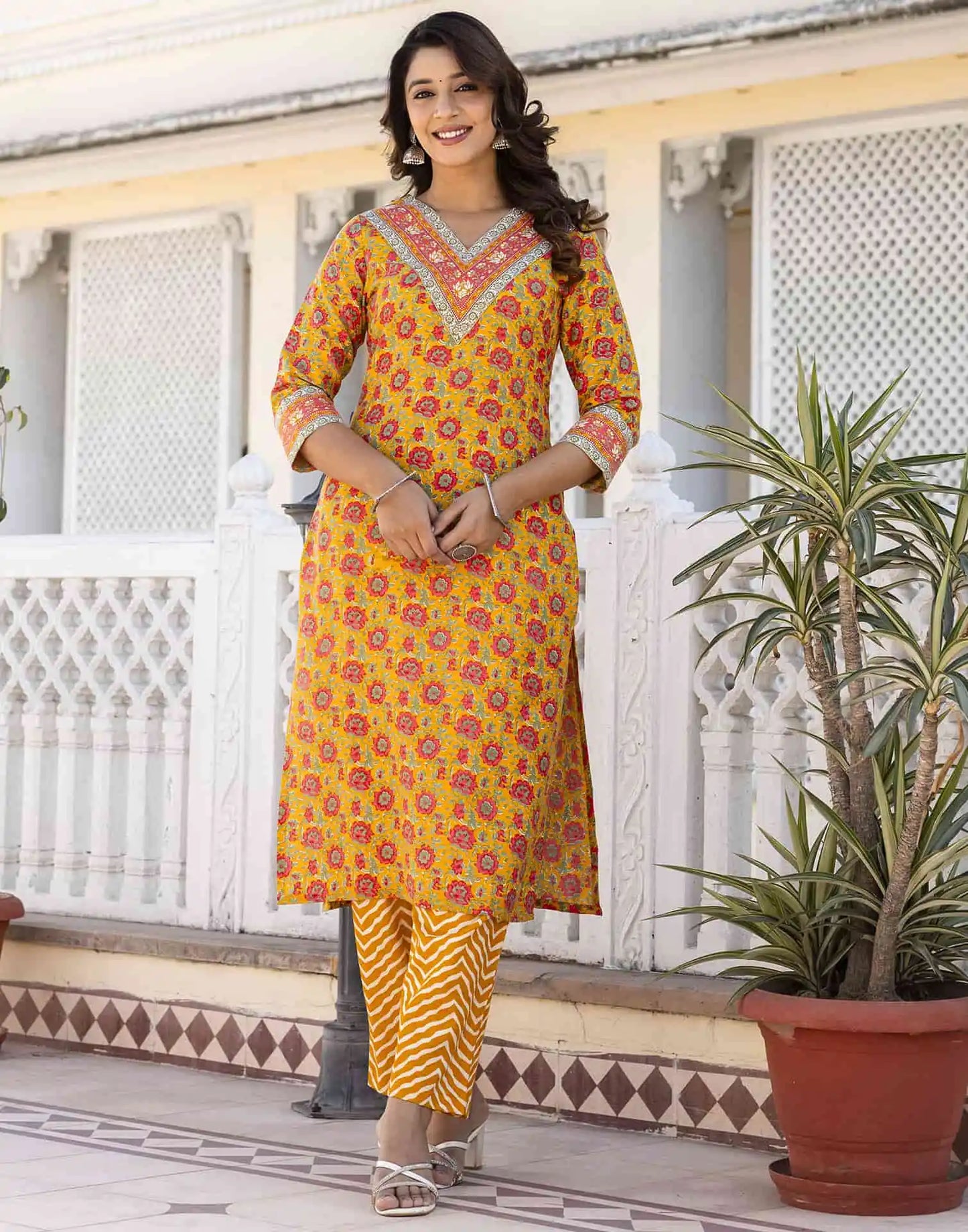 Cotton Blend Foil Printed and Printed Lace Straight Kurta with Pant & Dupatta