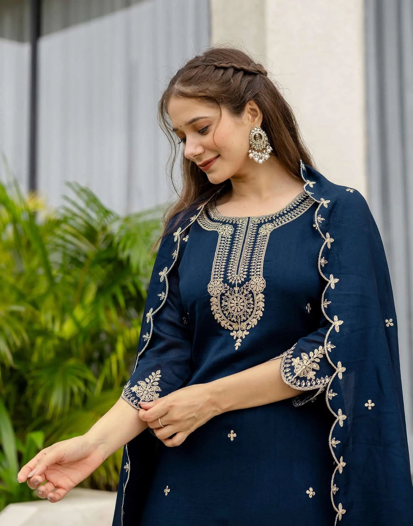 Silk Embroidered Straight Kurta with Pant & Dupatta