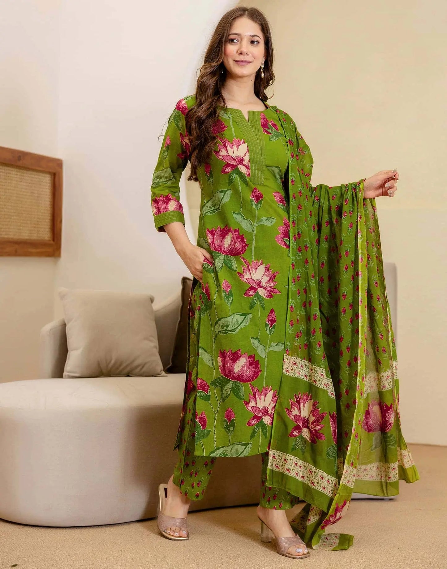 Cotton Printed Straight Kurta with Pant & Dupatta