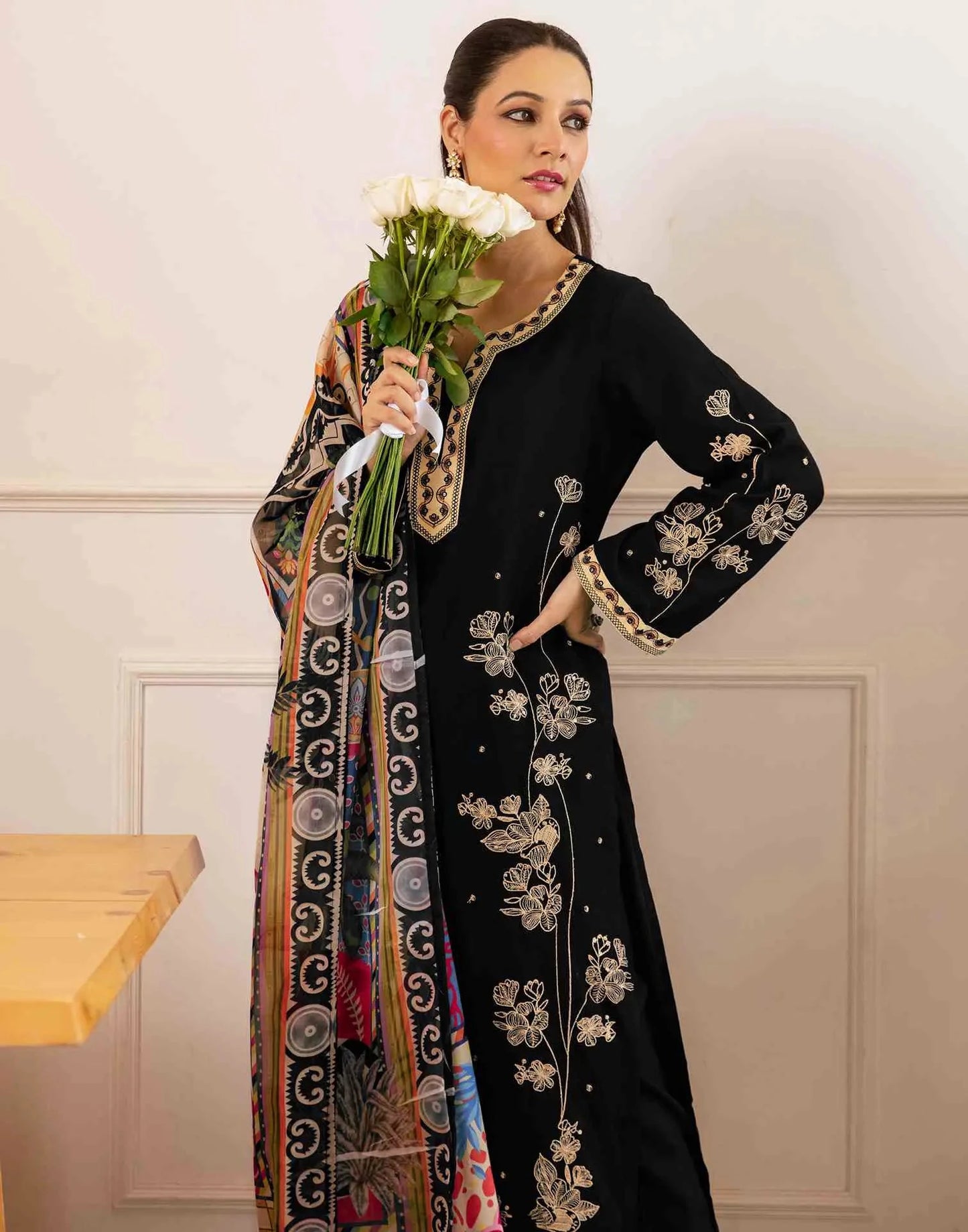 Rayon Embroidered Straight V-Neck Kurta with Pant & Dupatta