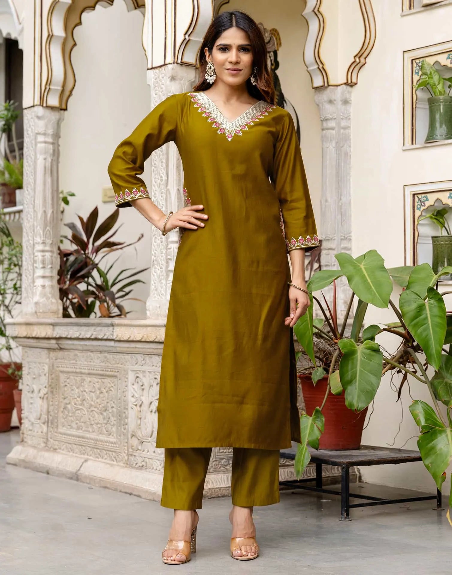 Green Silk Blend Embroidered Straight Kurta with Pant & Dupatta
