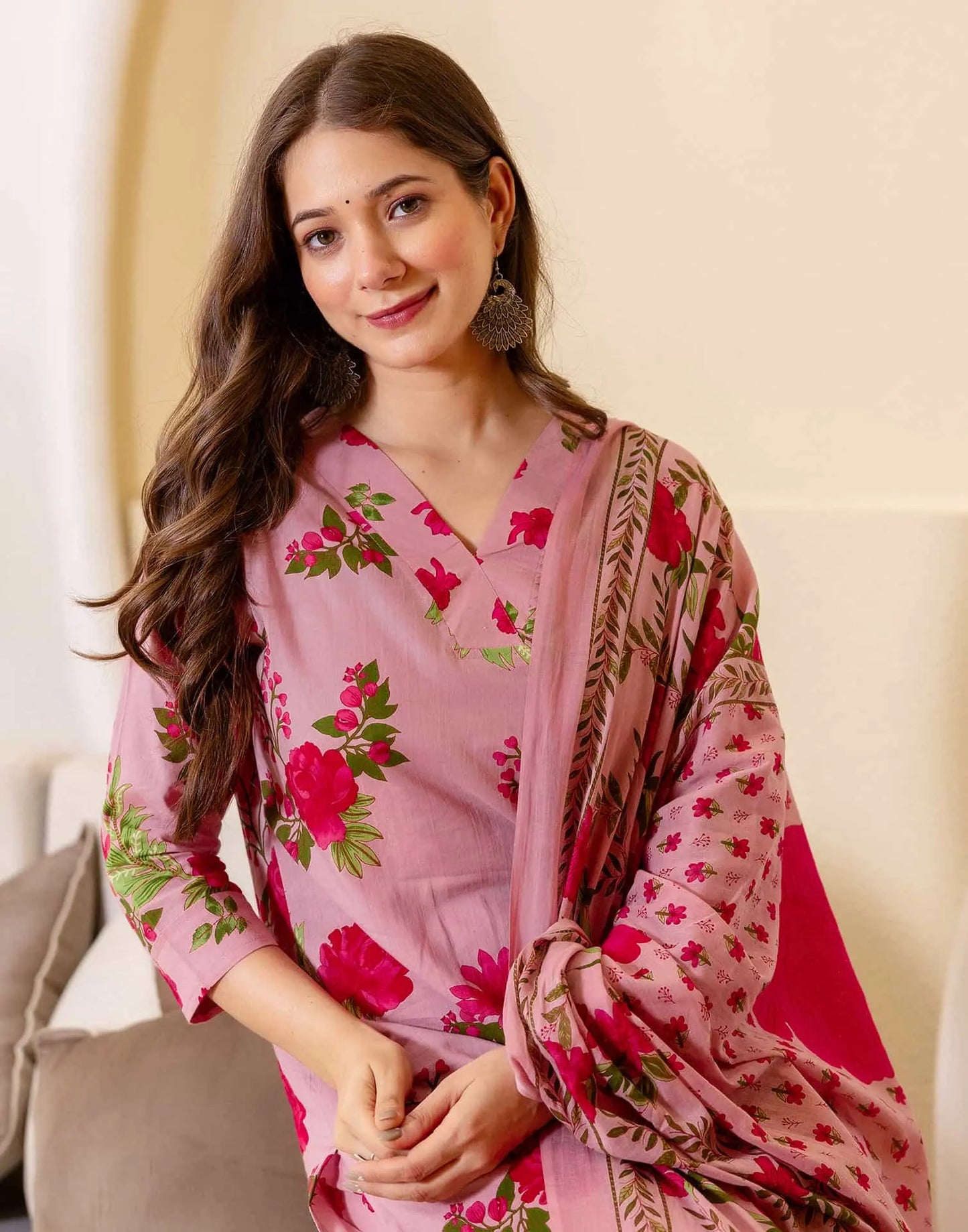 Cotton Floral Printed Straight Kurta with Pant and Dupatta for Women