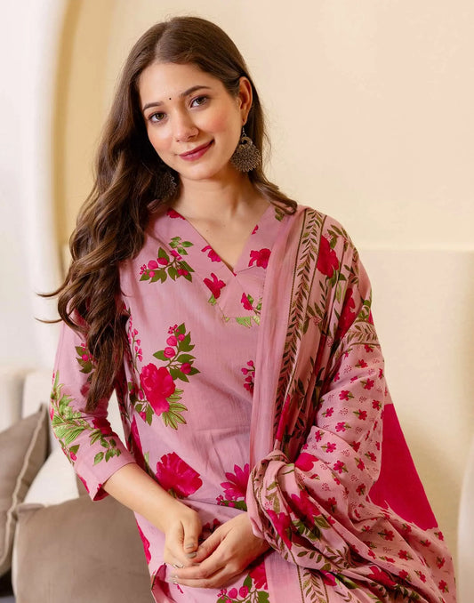Cotton Floral Printed Straight Kurta with Pant and Dupatta for Women