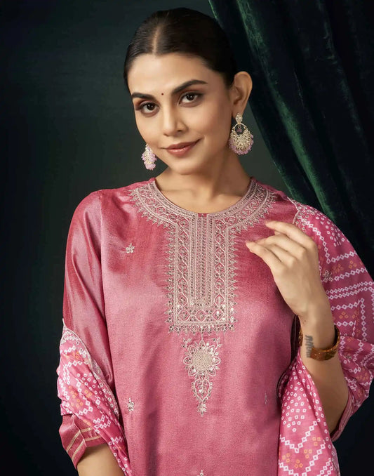 Silk Blend Embroidered Straight Kurta with Pant & Dupatta