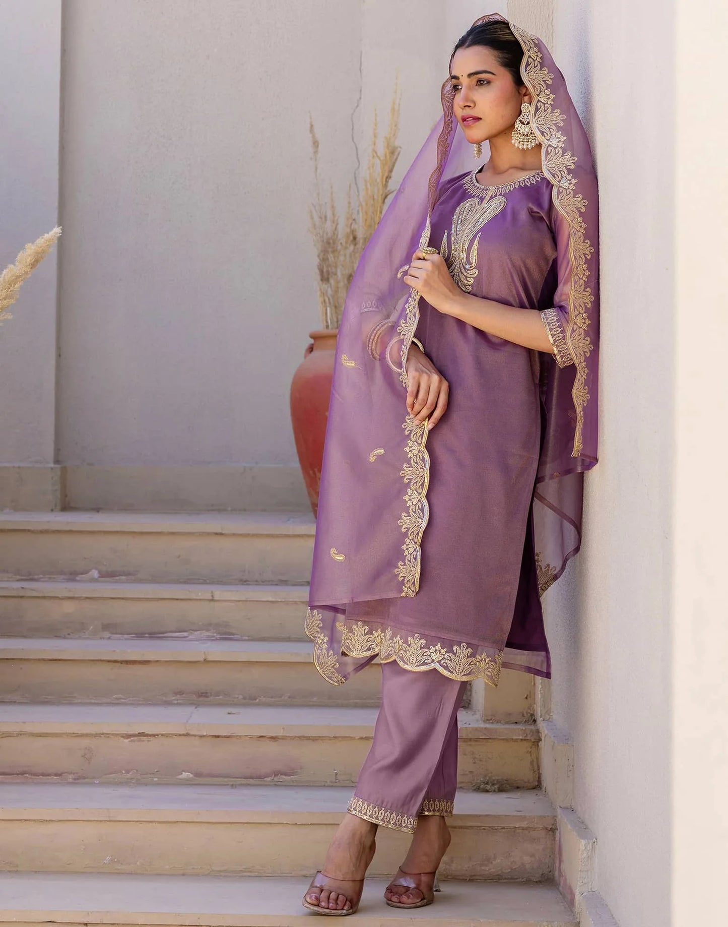 Affordable Ethnic Wear Purple Net Sequins Embroidered Kurta Set with Lace, Pant & Dupatta
