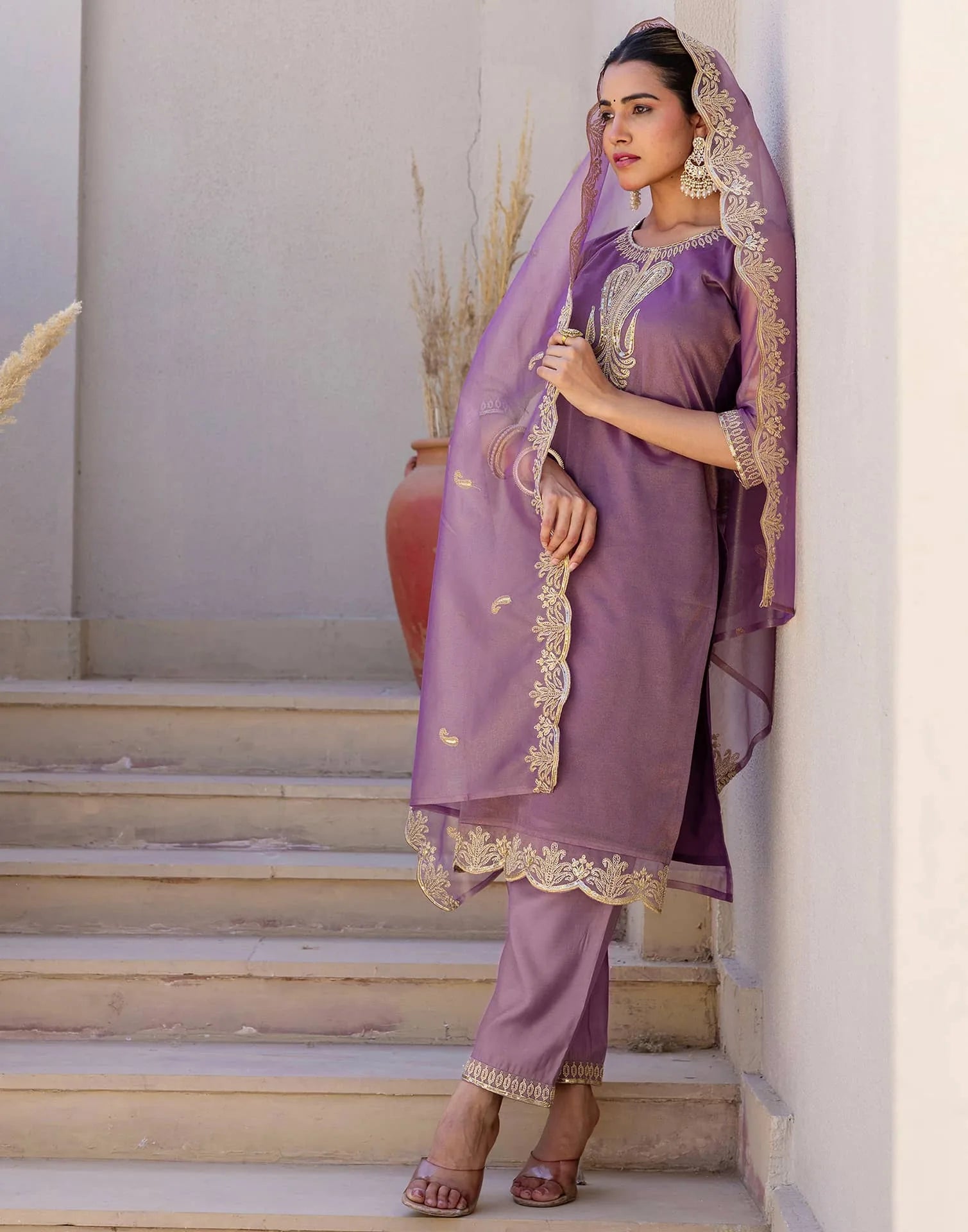 Affordable Ethnic Wear Purple Net Sequins Embroidered Kurta Set with Lace, Pant & Dupatta