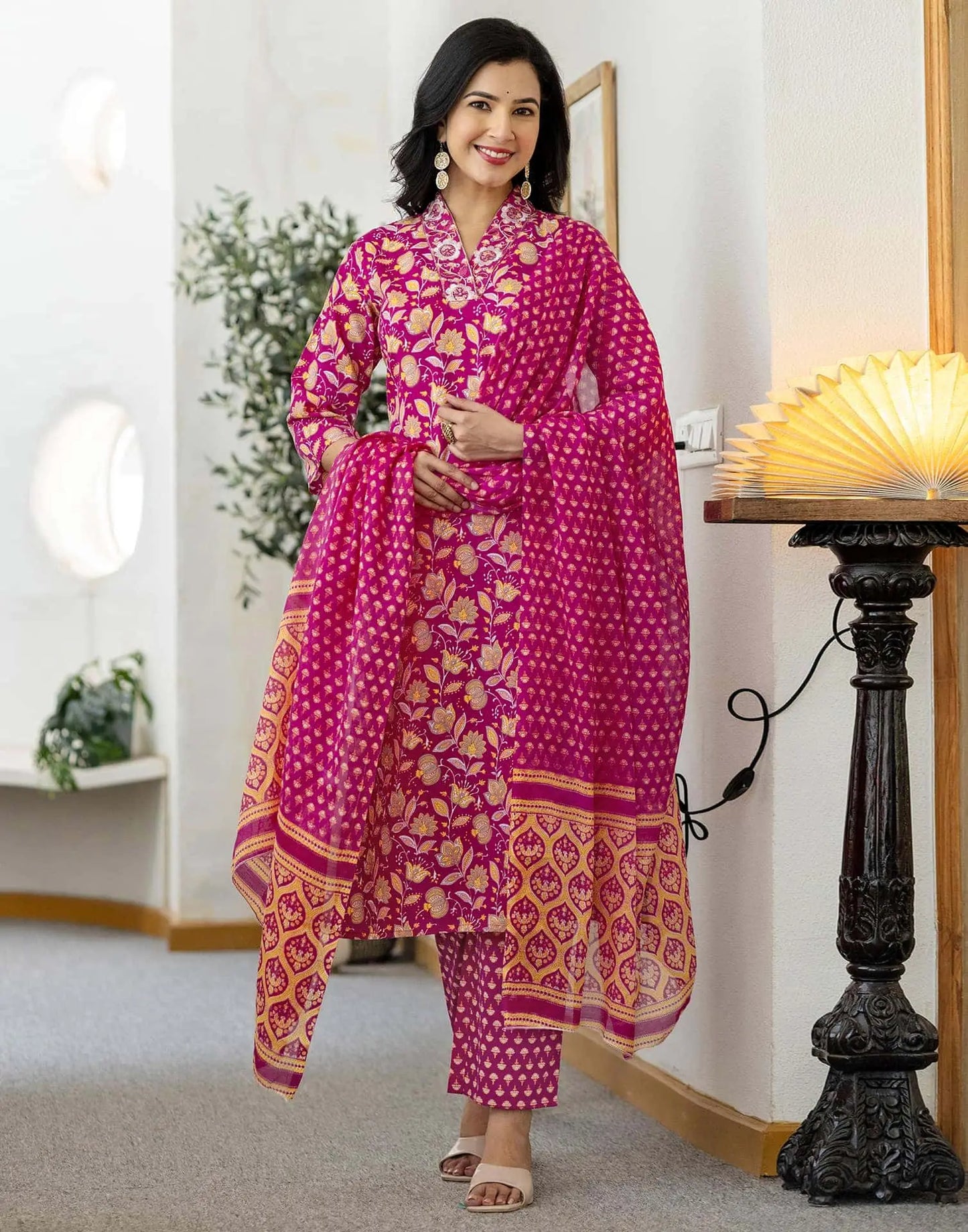 Cotton Printed and Embroidery Lace Anarkali Kurta with Pant & Dupatta