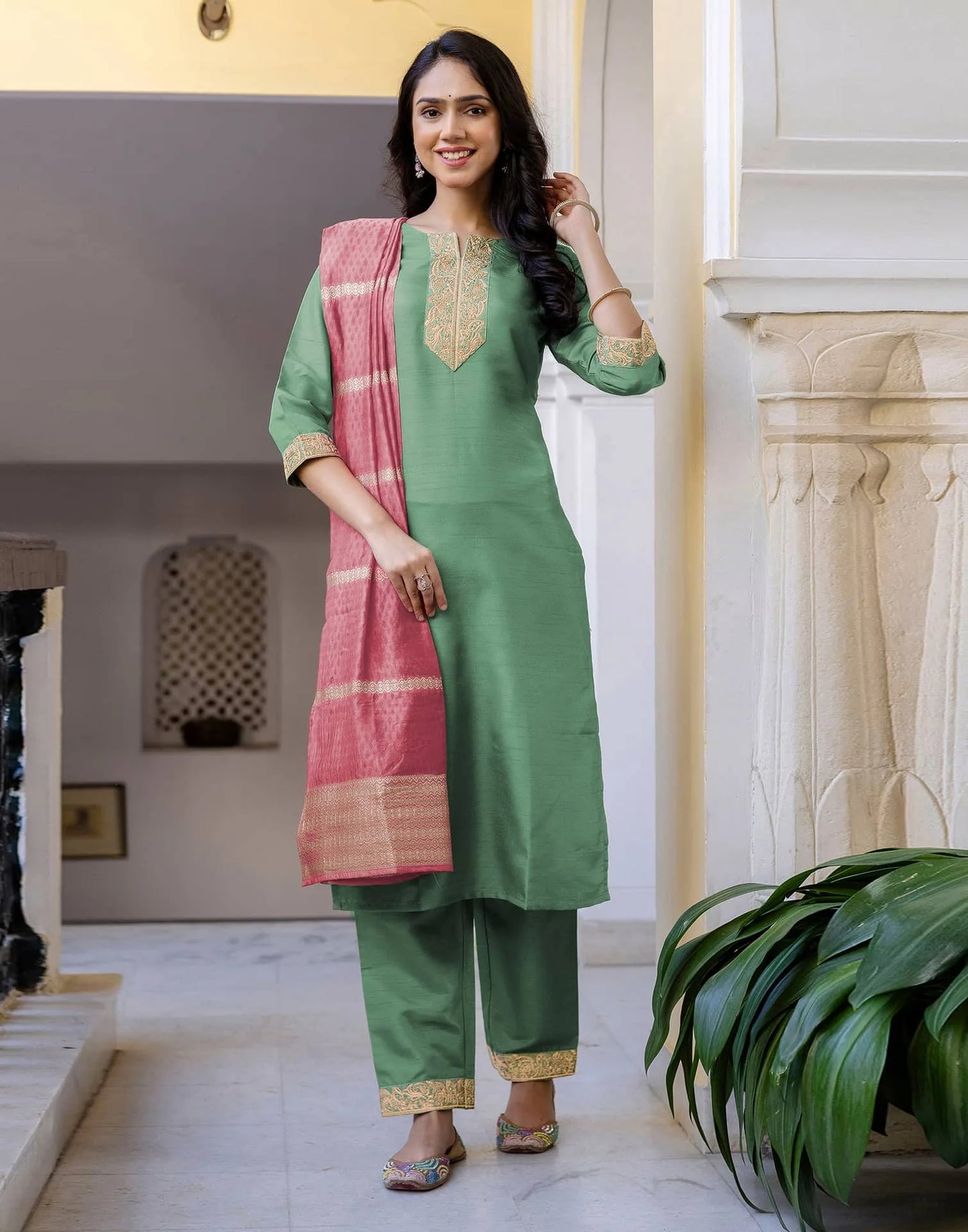 Skylee Green Silk Embroidered Straight Kurta Set for Women