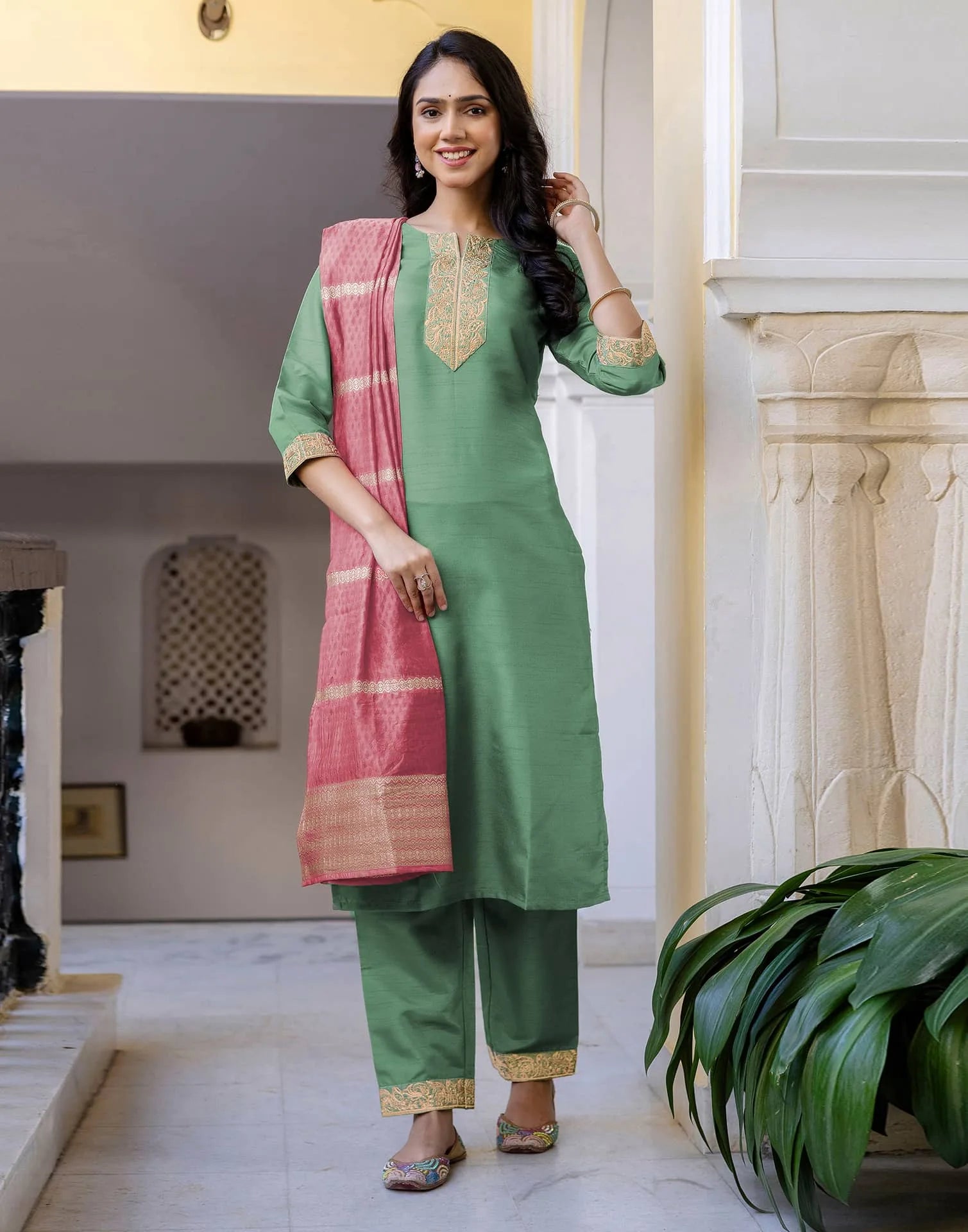 Skylee Green Silk Embroidered Straight Kurta Set for Women