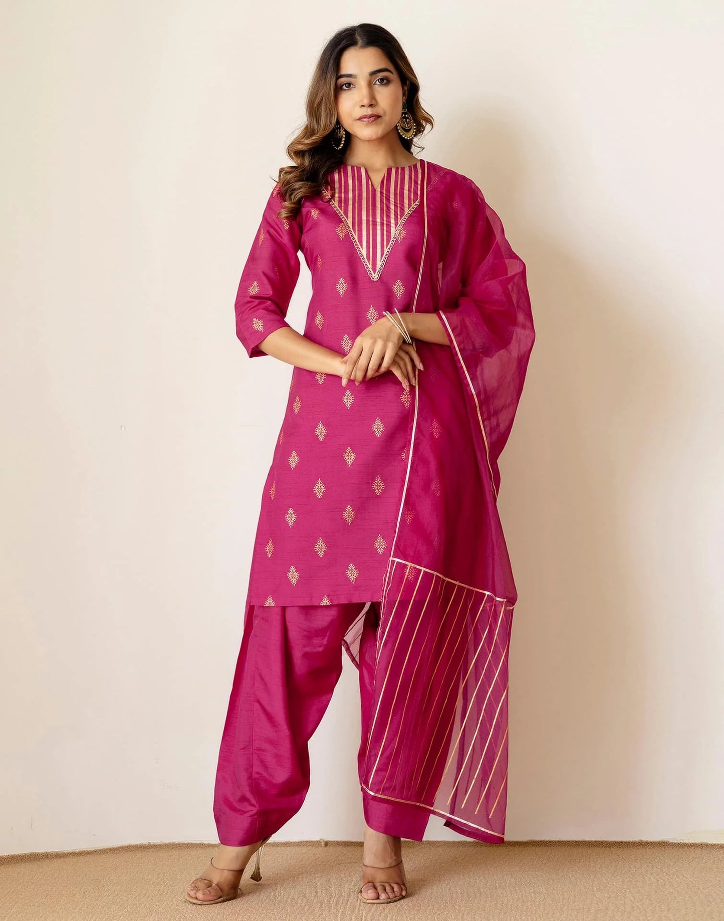 Silk Blend Straight Printed V-Neck Kurta with Pant & Dupatta