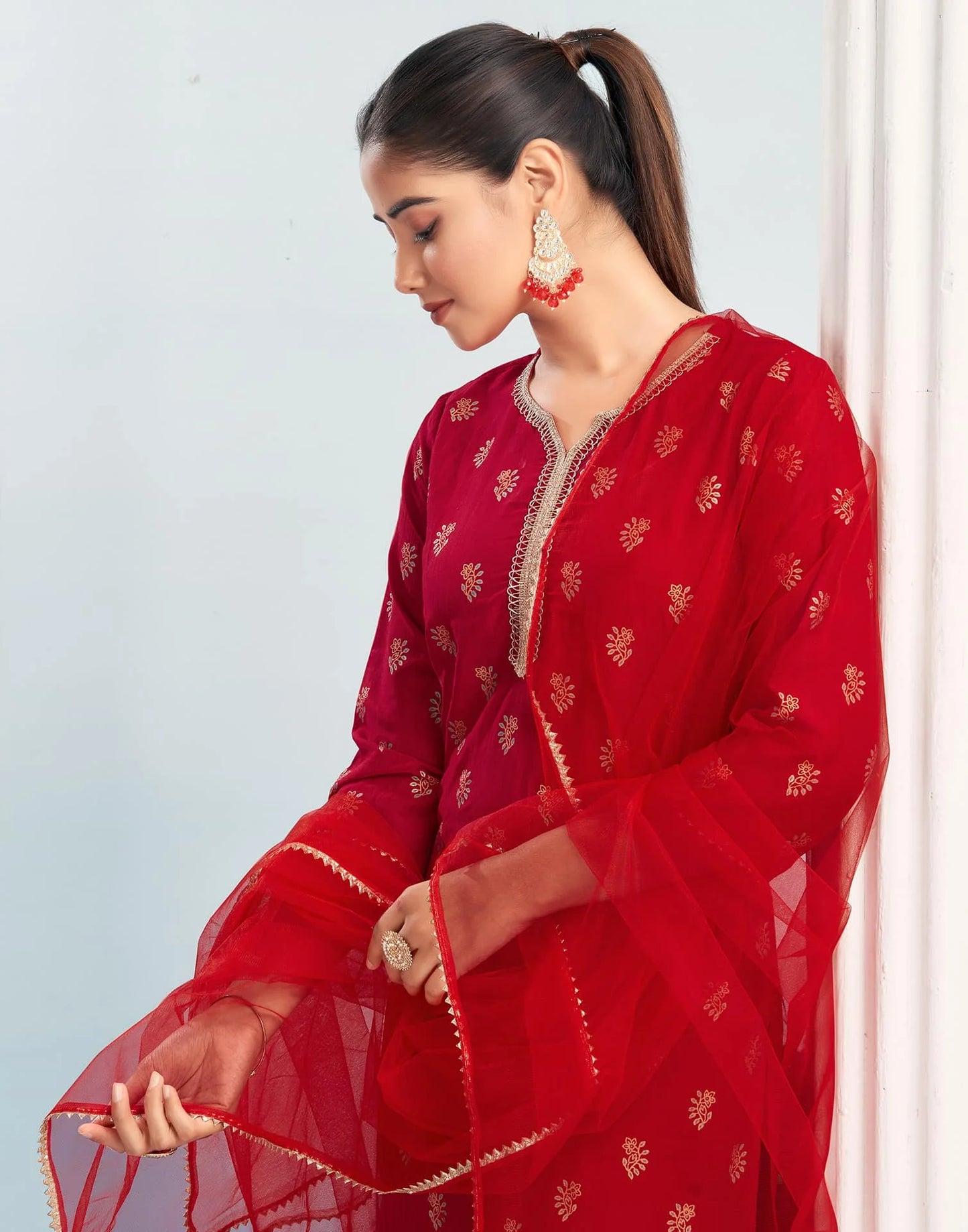 Silk Blend Dyed, Foil Print and Lace Straight Kurta with Pant & Dupatta