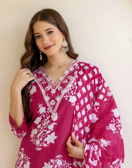 Cotton Straight Printed V-Neck Kurta with Pant & Dupatta