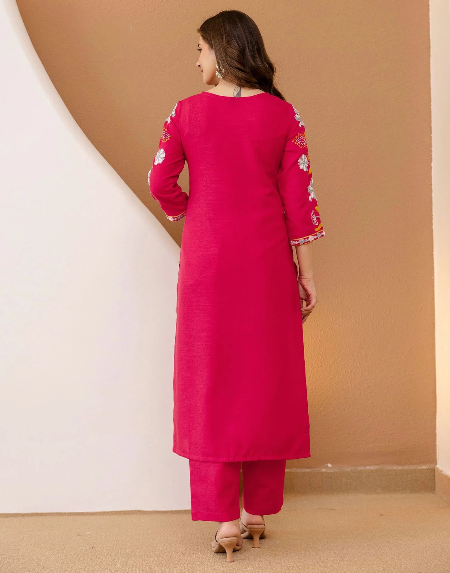 Cotton Blend Embroidered Straight Kurta with Pant & Dupatta