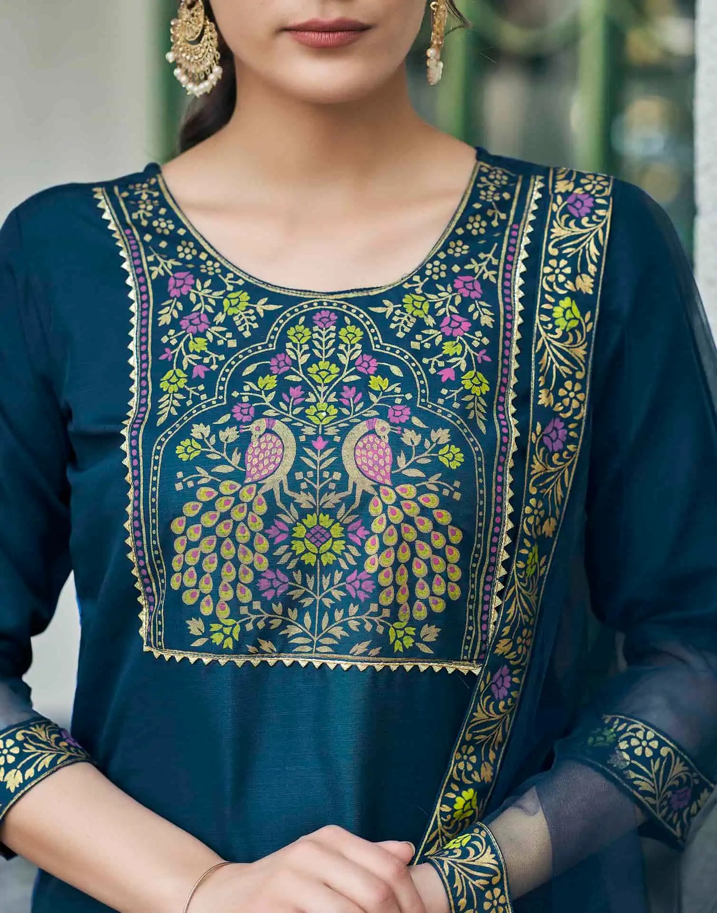 Cotton Blend Foil Printed and Gota Lace Straight Kurta with Pant & Dupatta