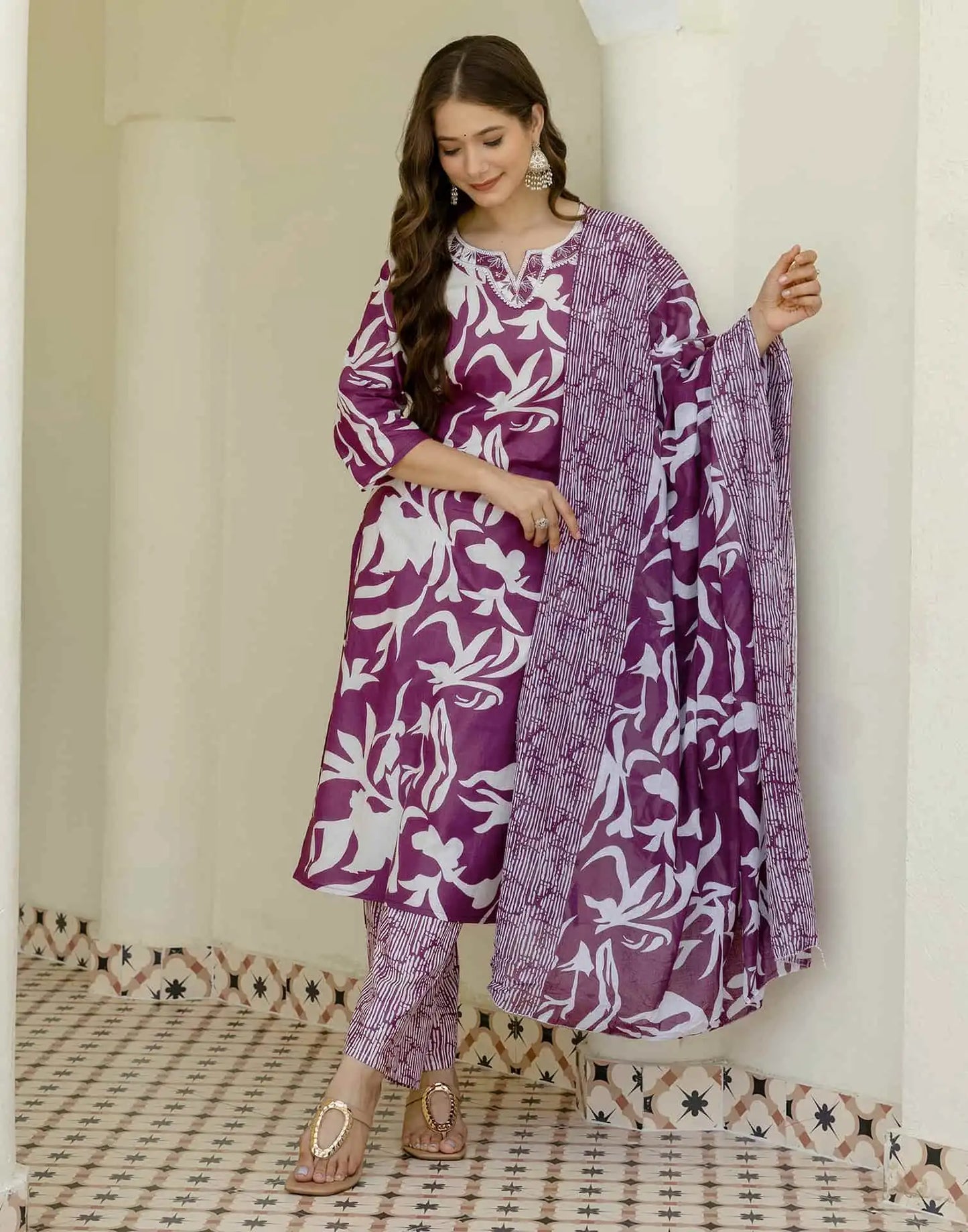 Cotton Straight Printed V-Neck Kurta with Pant & Dupatta
