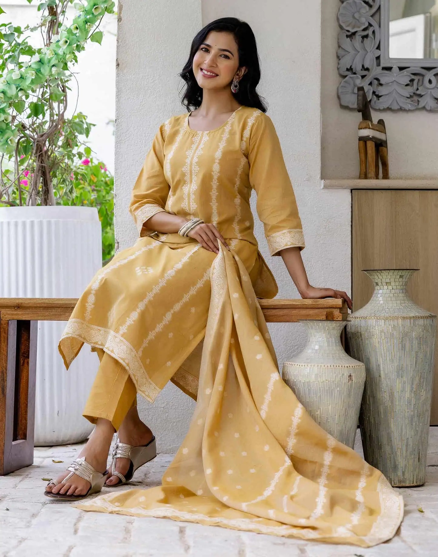 Yellow Cotton Straight Kurta Set with Pant and Dupatta under 1250 