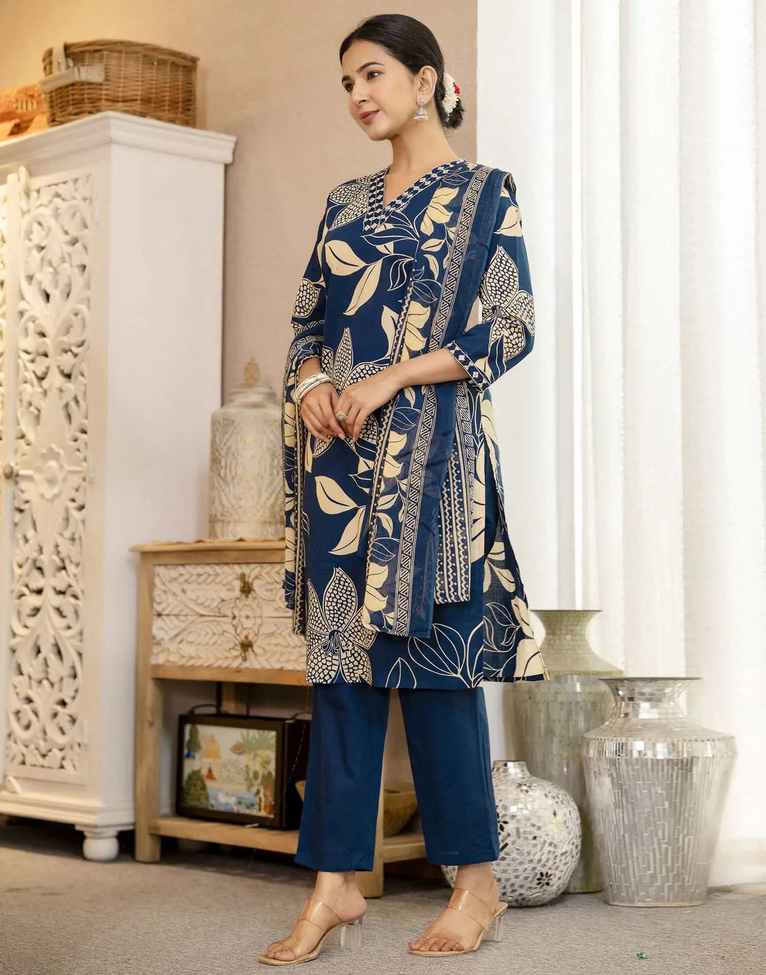 Blue Cotton Printed Straight Kurta Set with Pant & Dupatta under 799