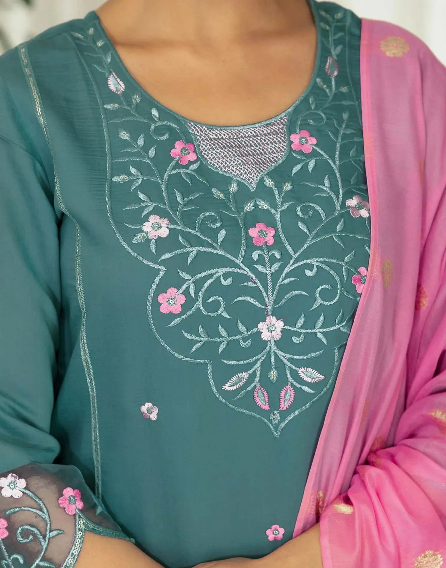 Silk Blend Embroidered Straight Kurta with Pant & Dupatta