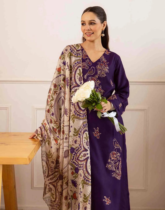 Cotton Embroidered Straight V-Neck Kurta with Pant & Dupatta