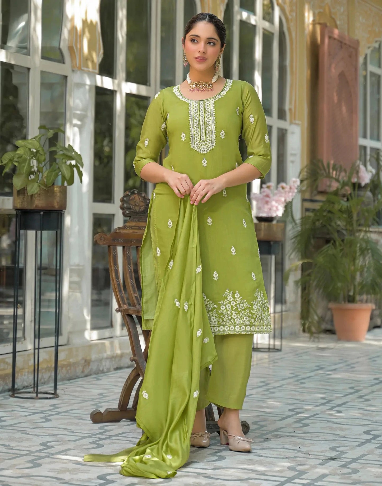 Silk Embroidered Straight Round Neck Kurta with Pant & Dupatta