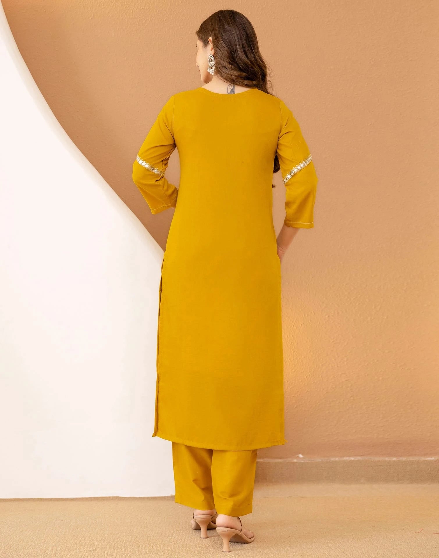 Affordable Yellow Cotton Embroidered Straight Kurta Set Round Neck Cotton Kurti with Pant & Dupatta