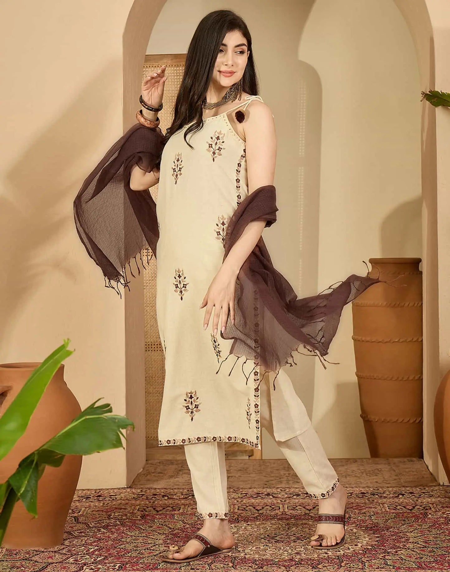 Beige Cotton Embroidered Straight Kurta Set with Pant & Dupatta Affordable Square Neck Ethnic Kurti for Casual