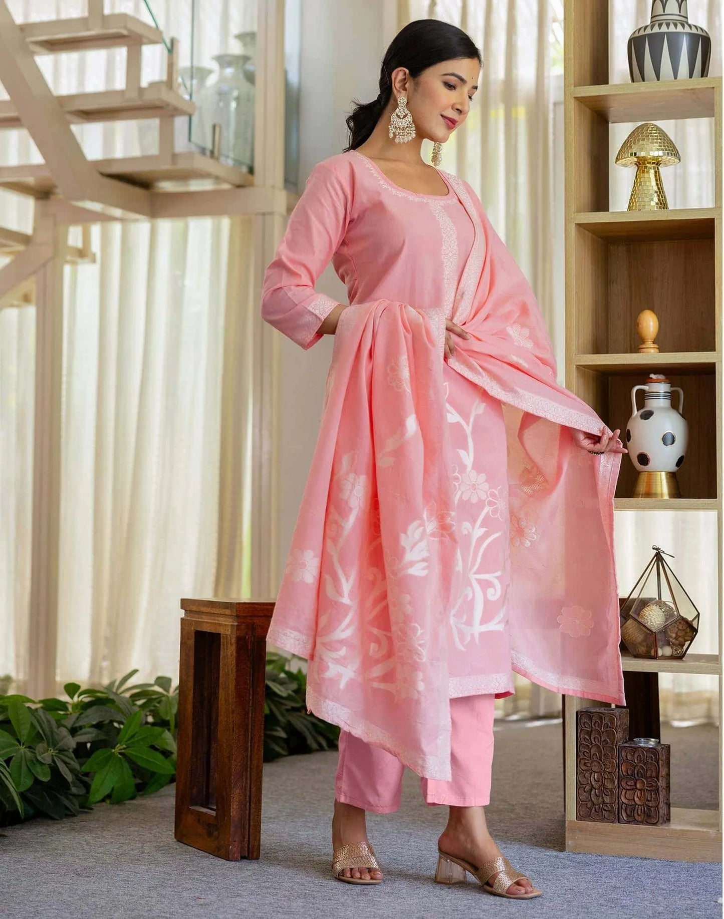 Cotton Weaving Straight Kurta with Pant & Dupatta