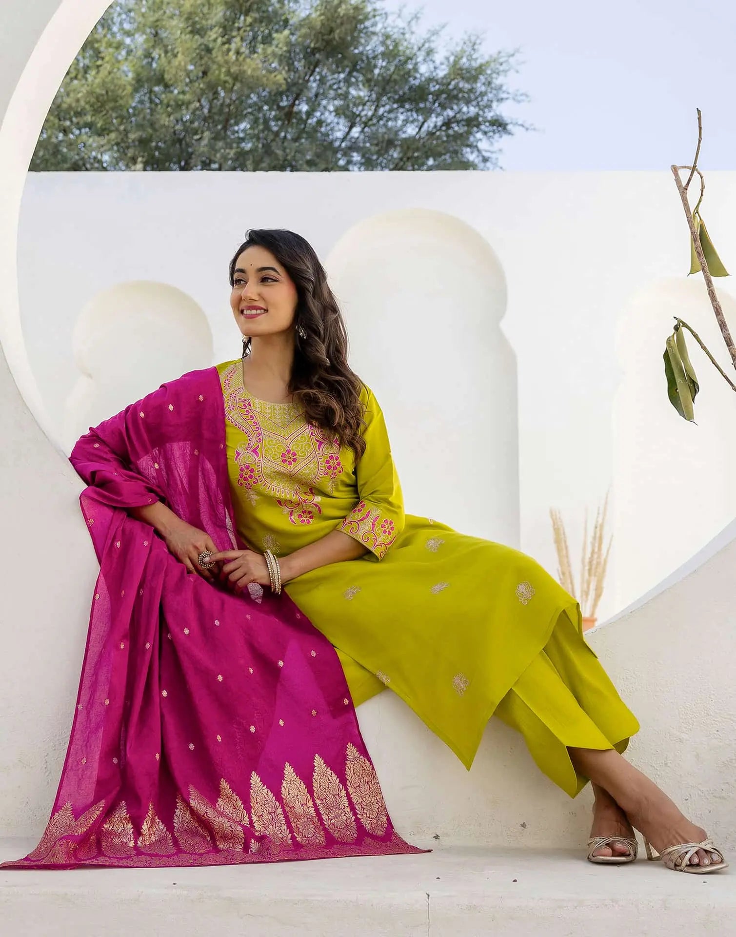 Silk Blend Embroidery Work and Embroidery Lace Straight Kurta with Pant & Dupatta