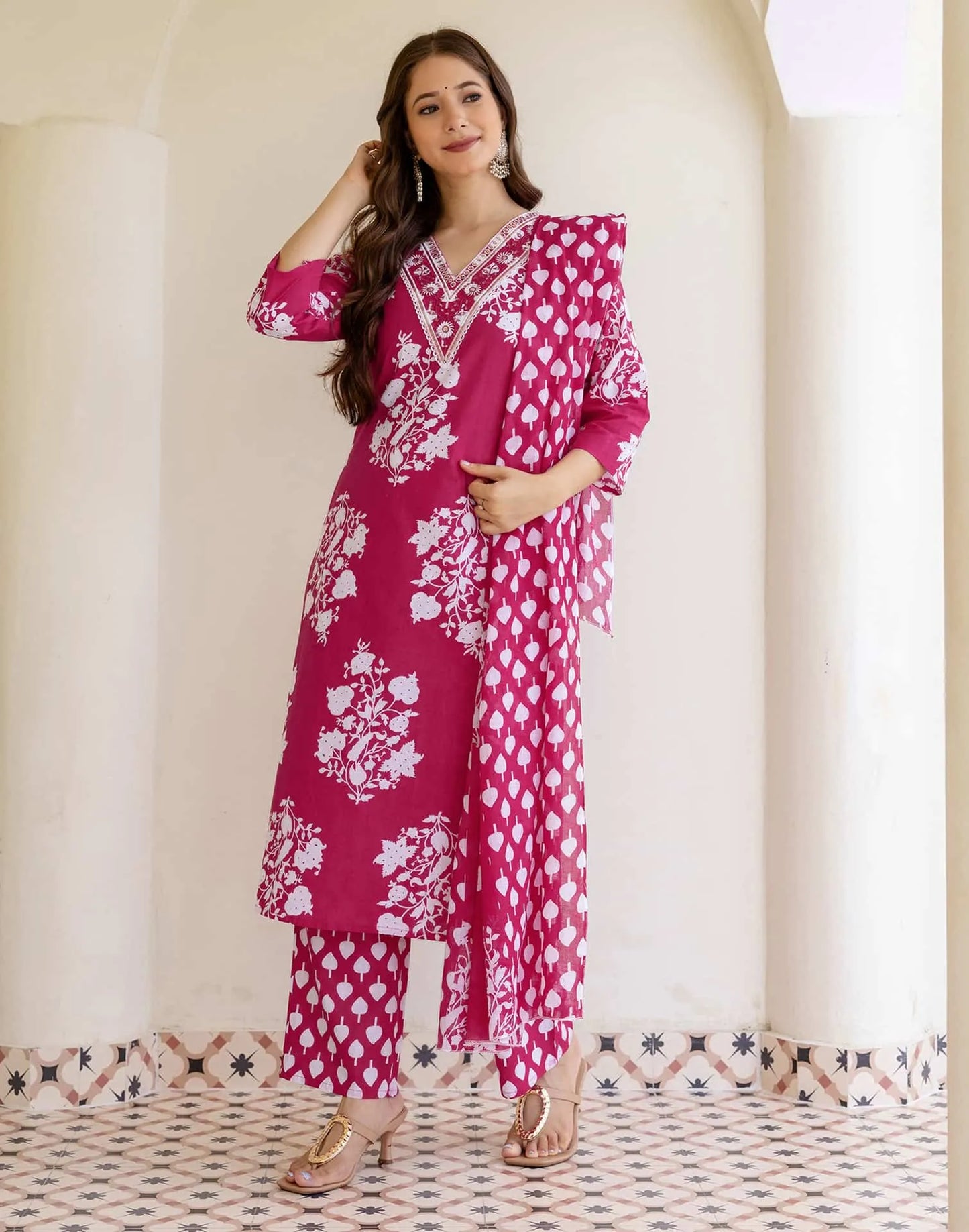 Cotton Straight Printed V-Neck Kurta with Pant & Dupatta