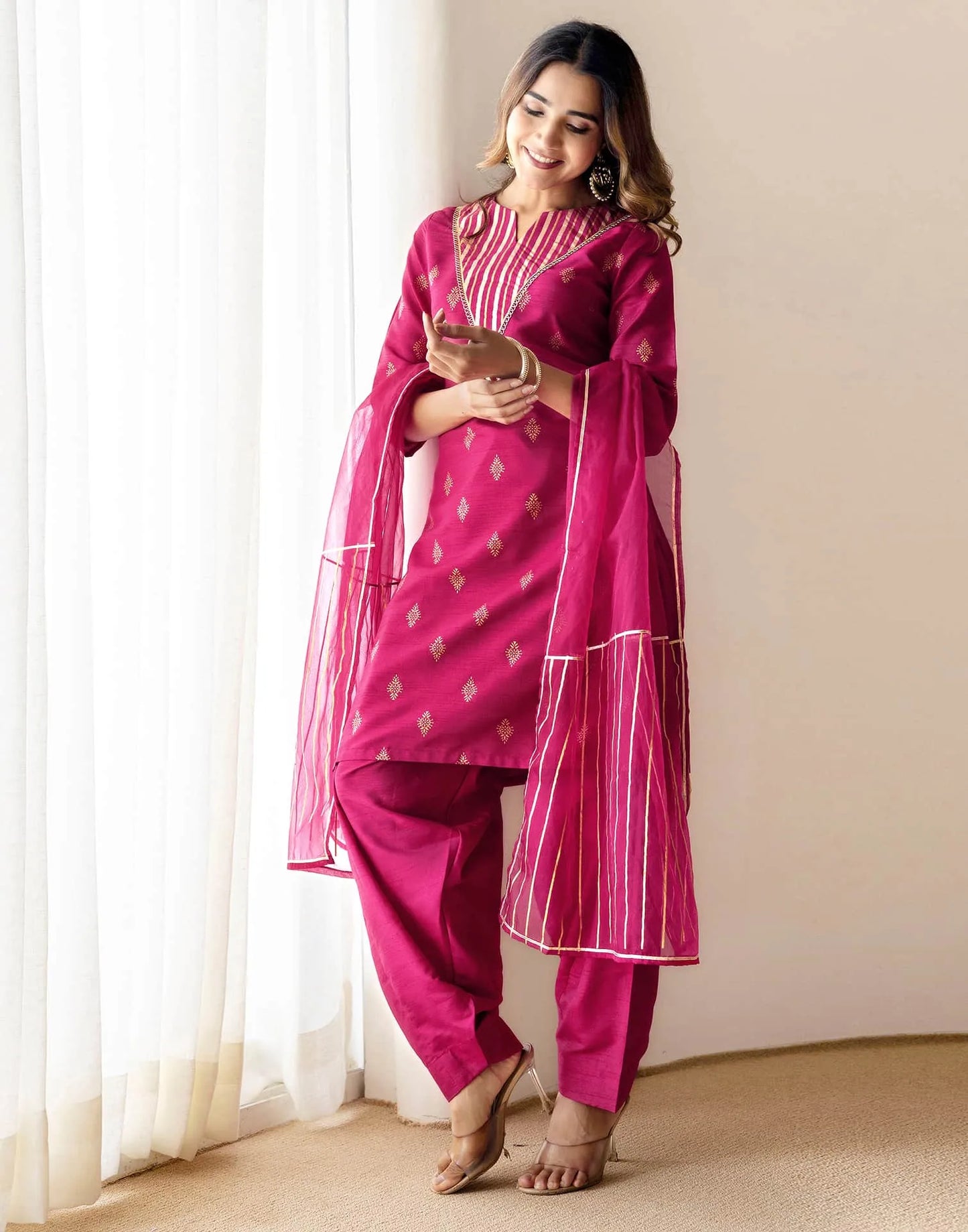 Silk Blend Straight Printed V-Neck Kurta with Pant & Dupatta