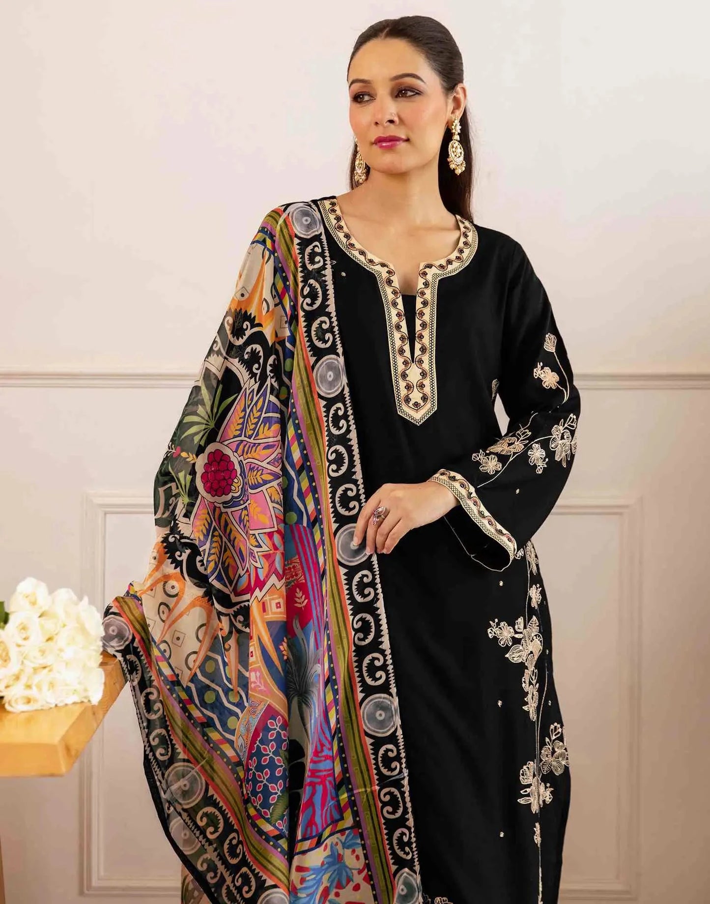 Rayon Embroidered Straight V-Neck Kurta with Pant & Dupatta