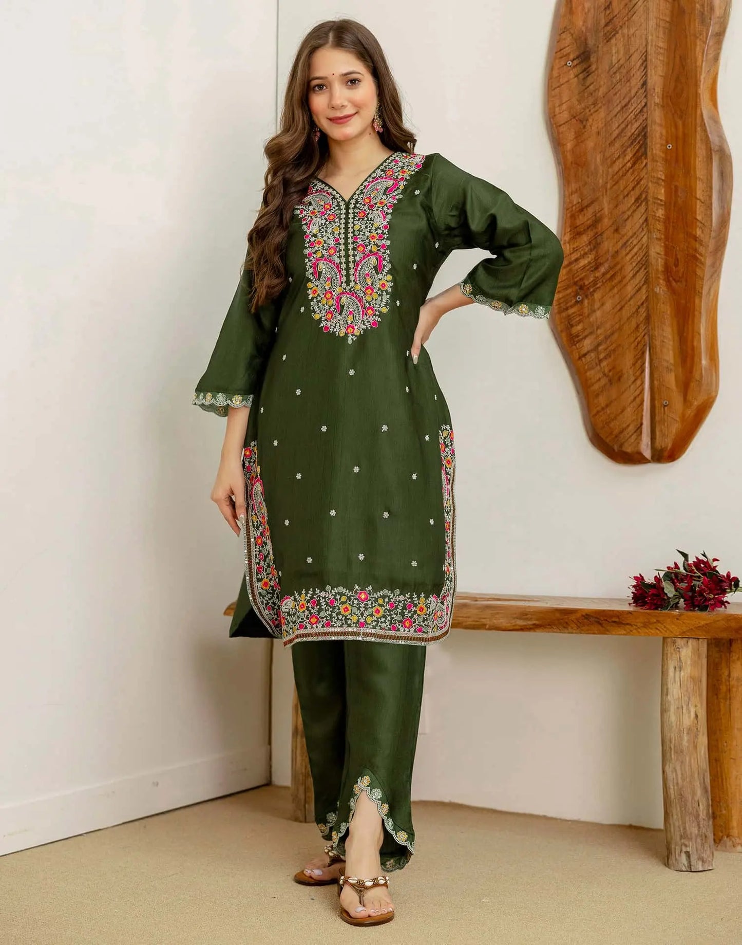 Green Silk Embroidered Straight Kurta Set with Pant and Dupatta for Women under 1299