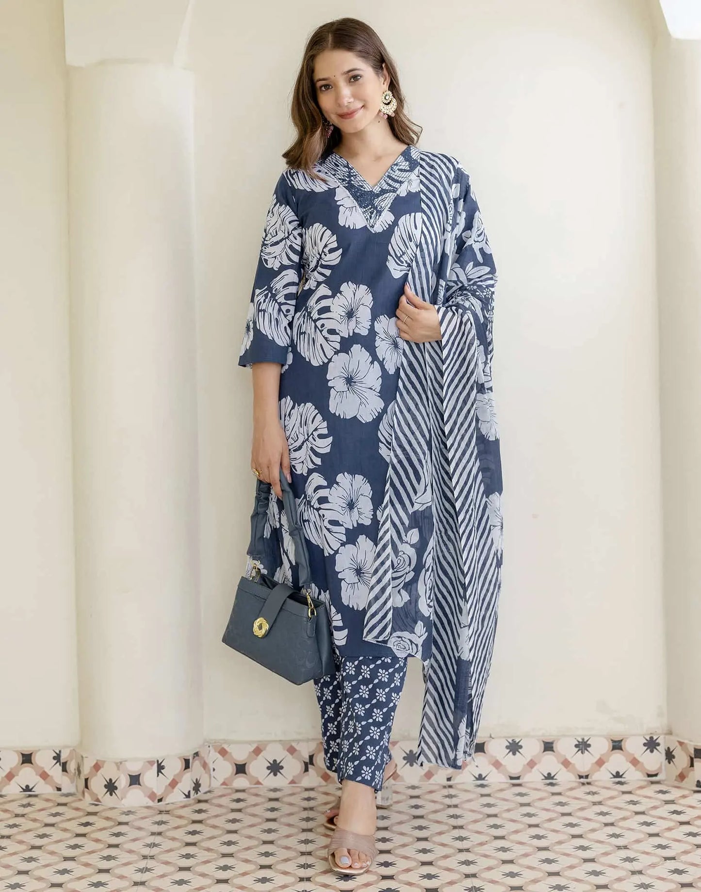 Cotton Printed Straight Kurta with Pant & Dupatta
