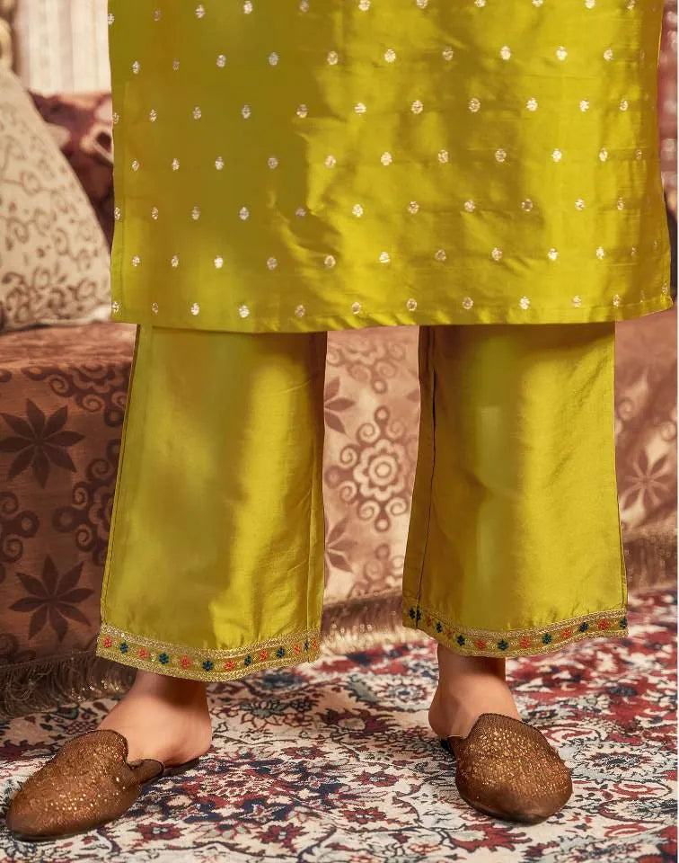 Skylee Mustard Green Silk Plain V Neck 3/4 Sleeve Straight Kurta Set with Pant & Dupatta for Women