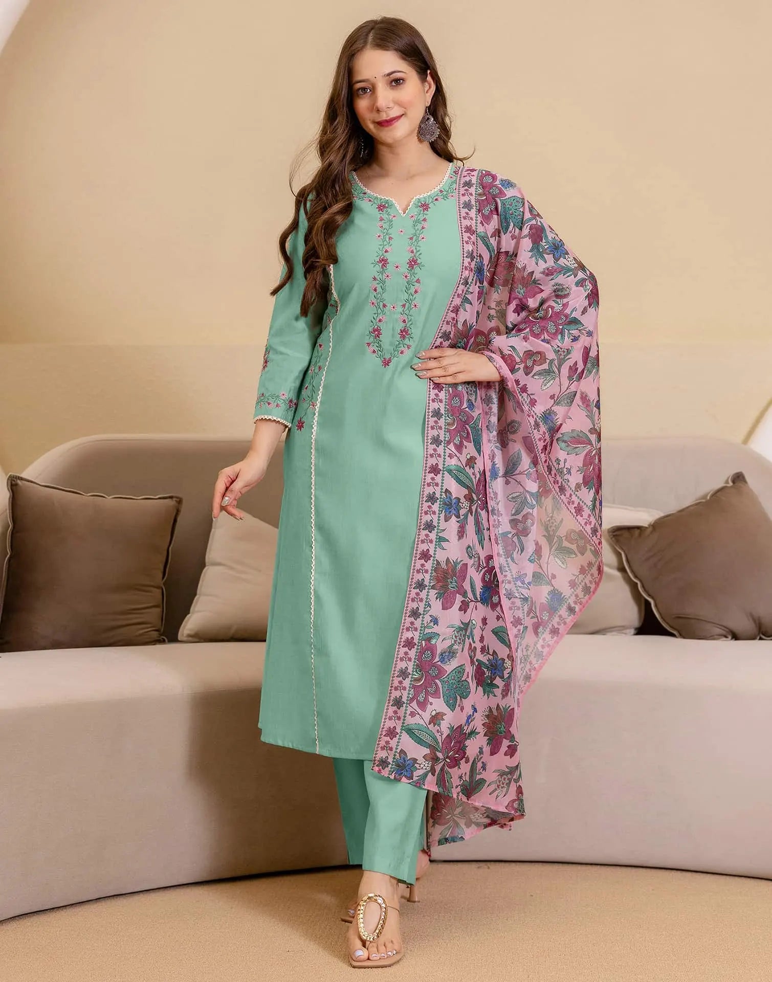 Skylee Silk Blend Embroidered Straight 3 Piece Kurta Set For Woman