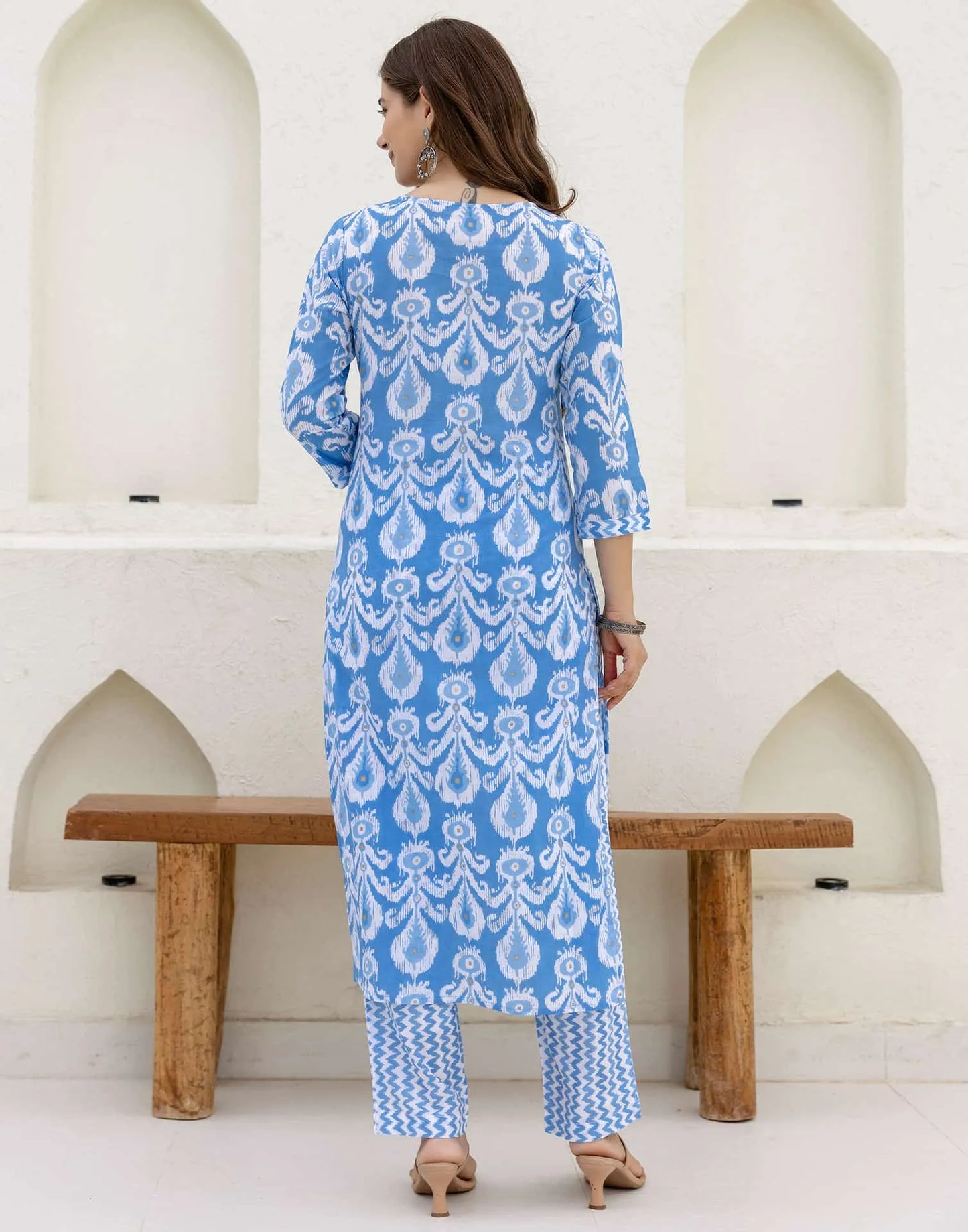 Cotton Straight Printed V-Neck Kurta with Pant & Dupatta