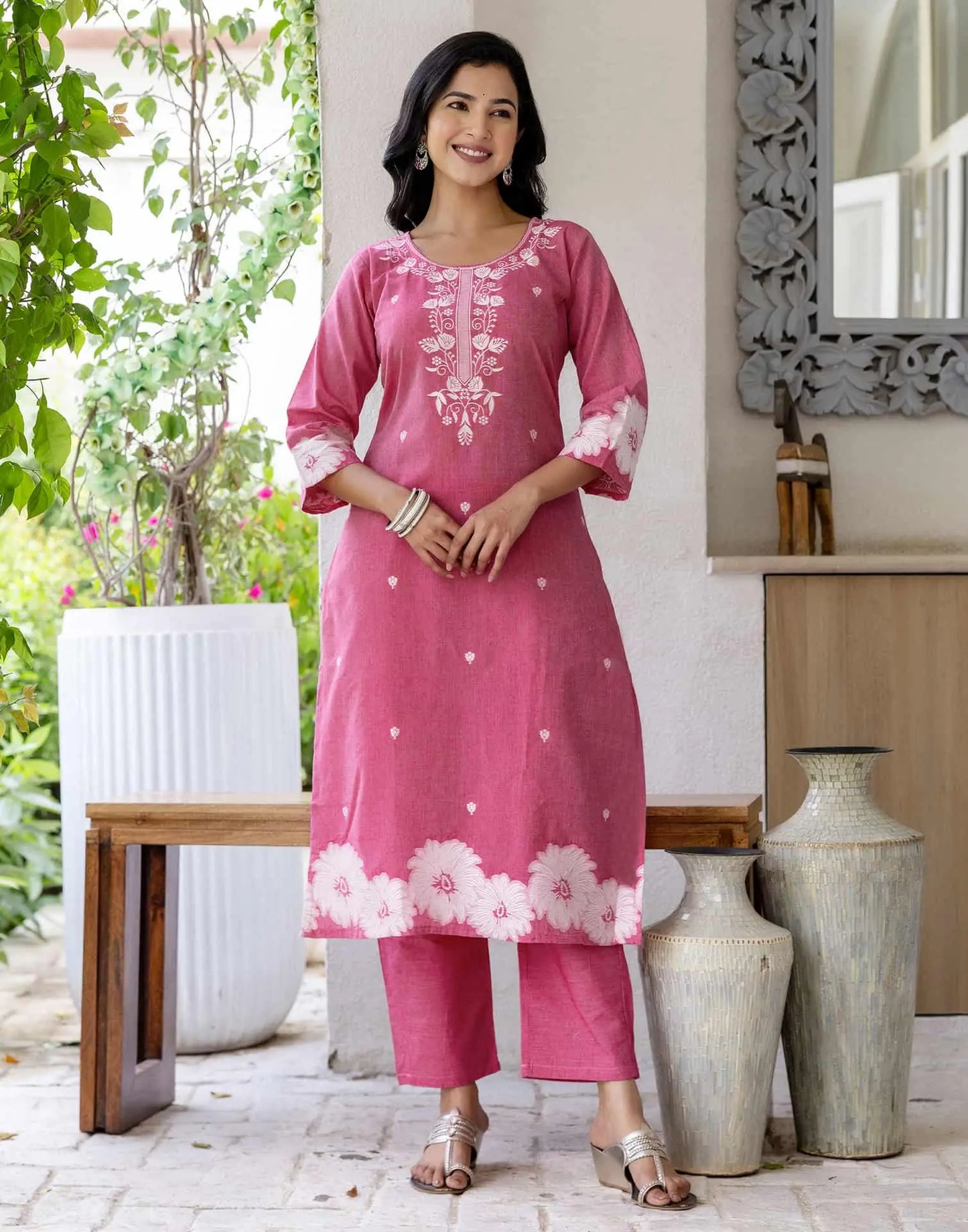 Cotton Straight Woven Design Round Neck Kurta with Pant & Dupatta