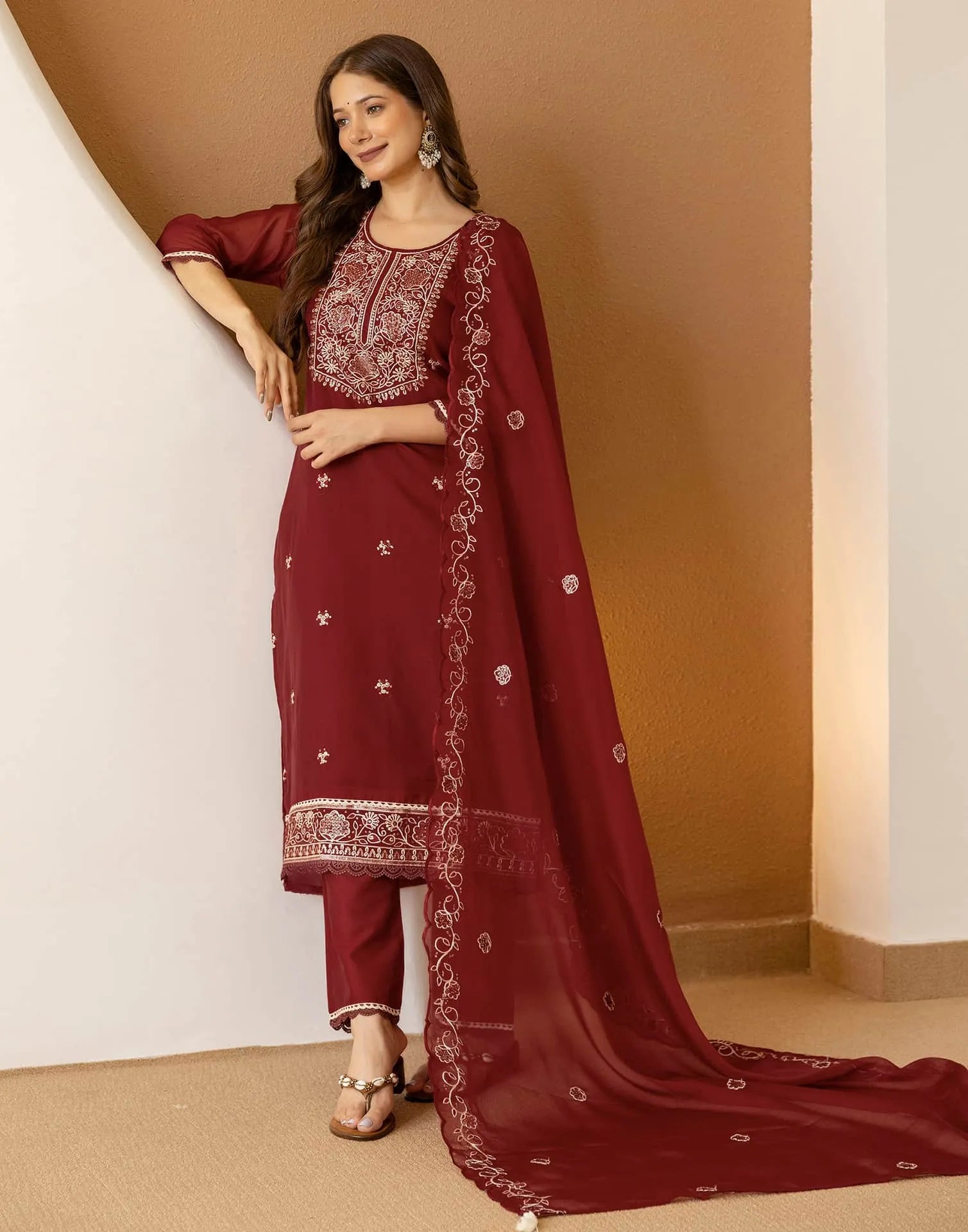 Maroon Silk Embroidered Straight Kurta Set with Pant & Dupatta for Women