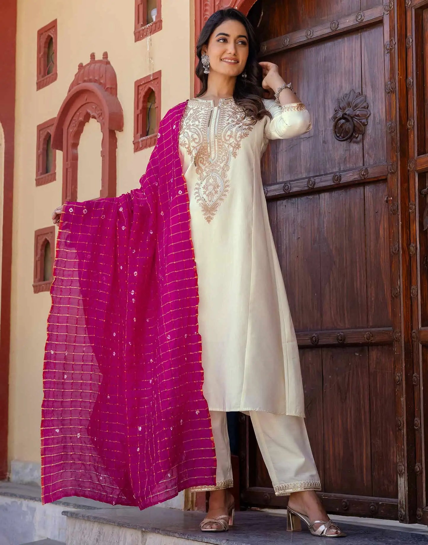 Cotton Blend Sequence, Embroidery Work and Lace Straight Kurta with Pant & Dupatta