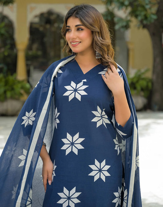 Cotton Straight Printed V-Neck Kurta with Pant & Dupatta