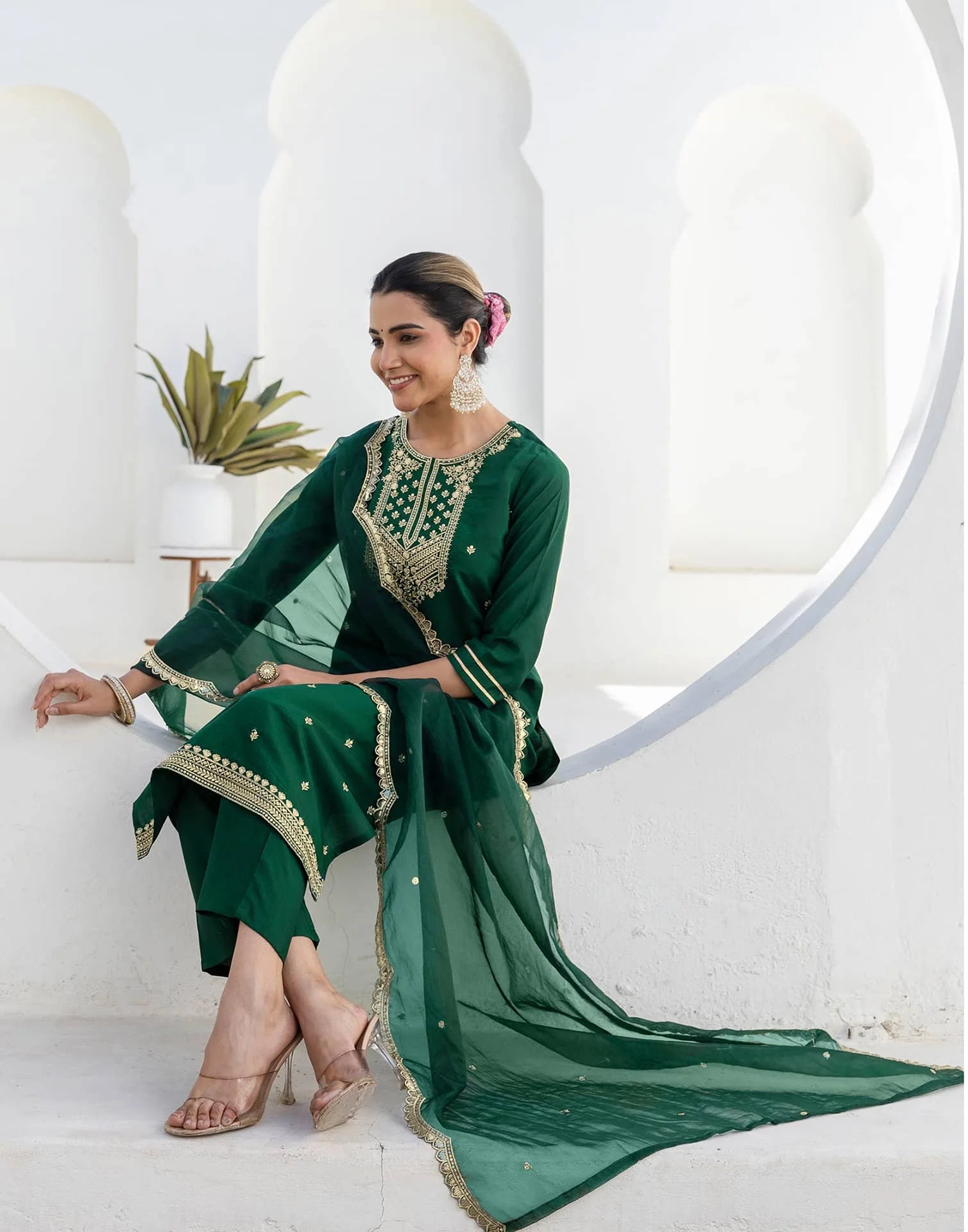 Affordable Dark Green Silk Embroidered Kurta Set with duppatta 