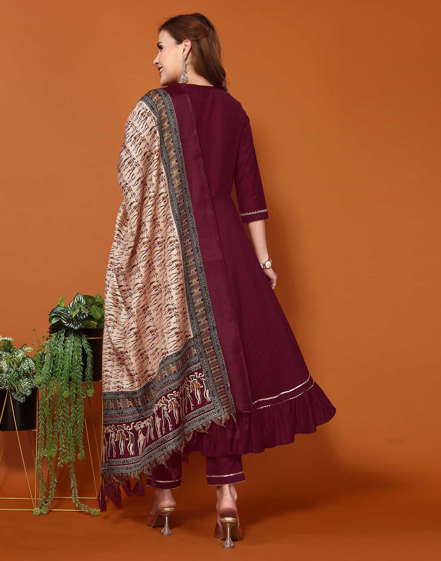 Maroon Cotton Anarkali Kurta Set with Pant & Dupatta Festive Wear under 1000